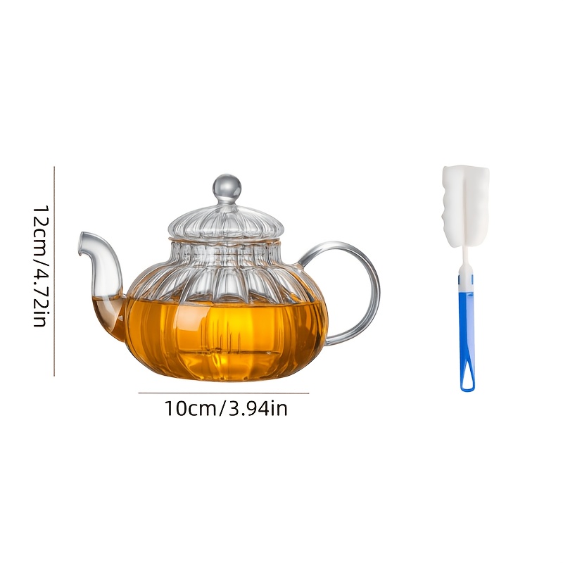 TEMU 600ml Clear Striped Pumpkin Teapot And Cleaning Brush Set, Teapot Made Of High-purity Quartz Glass, Transparent And Bright, Tea And Water