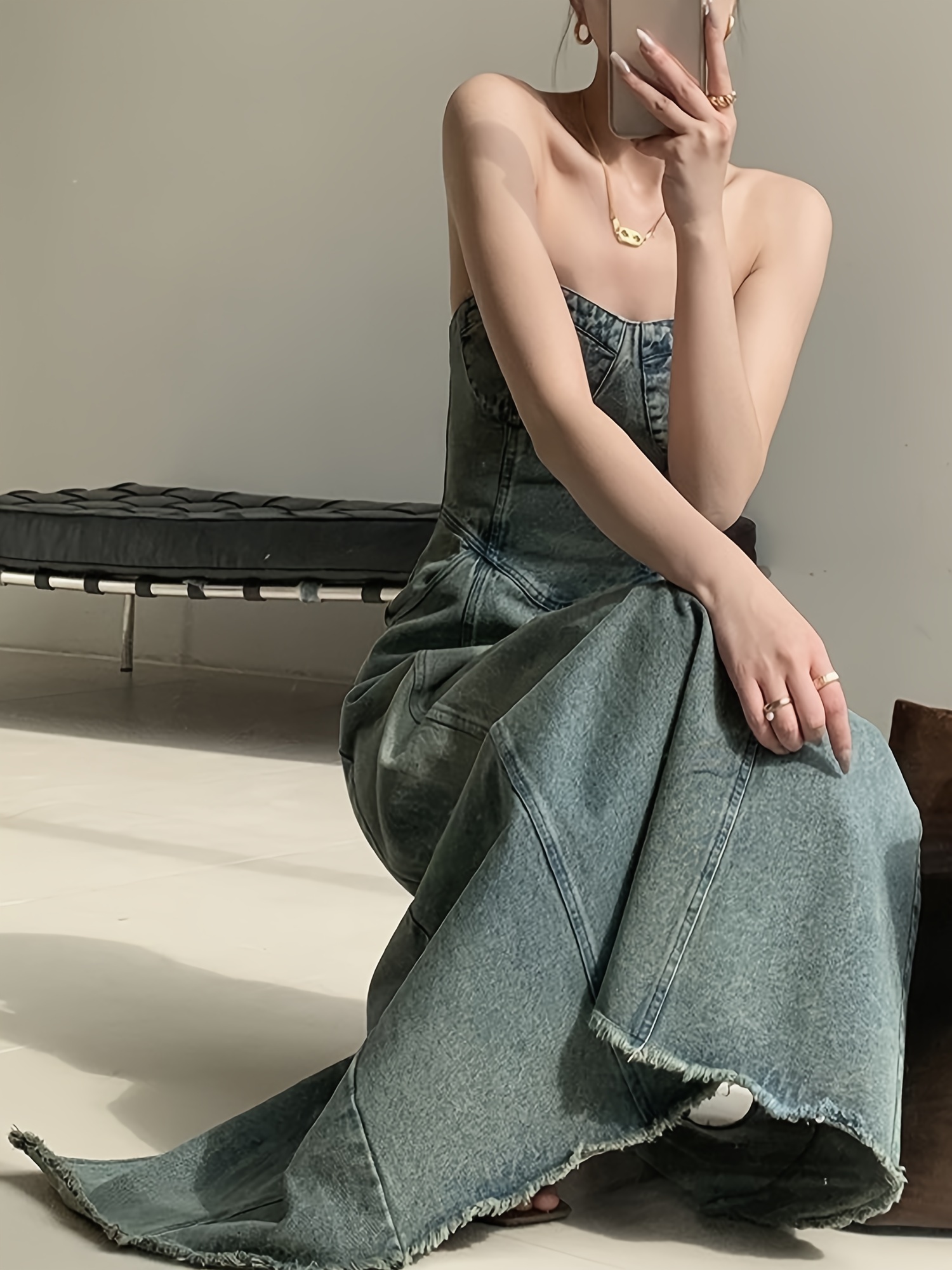 Women'S Denim Midi Dress Strapless Bandeau-Style, Zipper Closure, Fitted  Stretch Fabric, Solid Color Hem, Sleeveless, Woven, for Spring/Summer