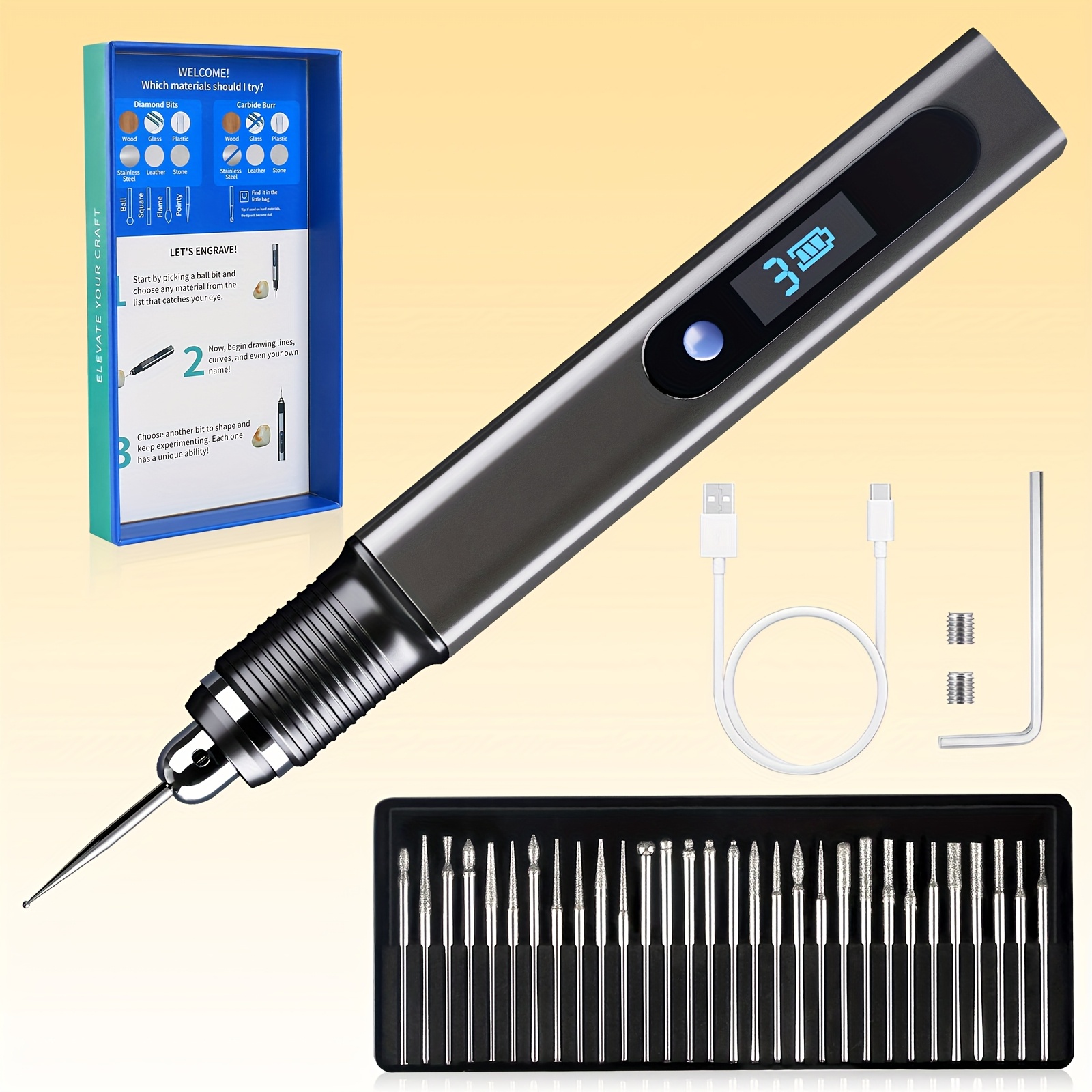 TEMU Electric Rotary Tool Set With 30 Drill Bits, Rechargeable Usb, Professional Mini Carving Machine, Portable Diy Tool, Perfect For Father's Day