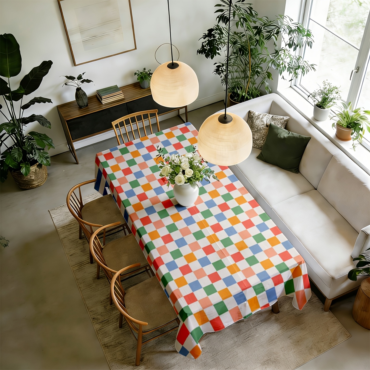 품목 사진 2d 평면 프린트 59x59인치/150x150cm 직사각형 빈티지 체커보드 식탁보,   패치워크 디자인, 내구성 있는 폴리에스터 원단으로 제작, 발렌타인데이, 성 패트릭의 날과 같은 행사를 위한 실내 및 야외 축제 파티 장식에 적합, 2d 평면