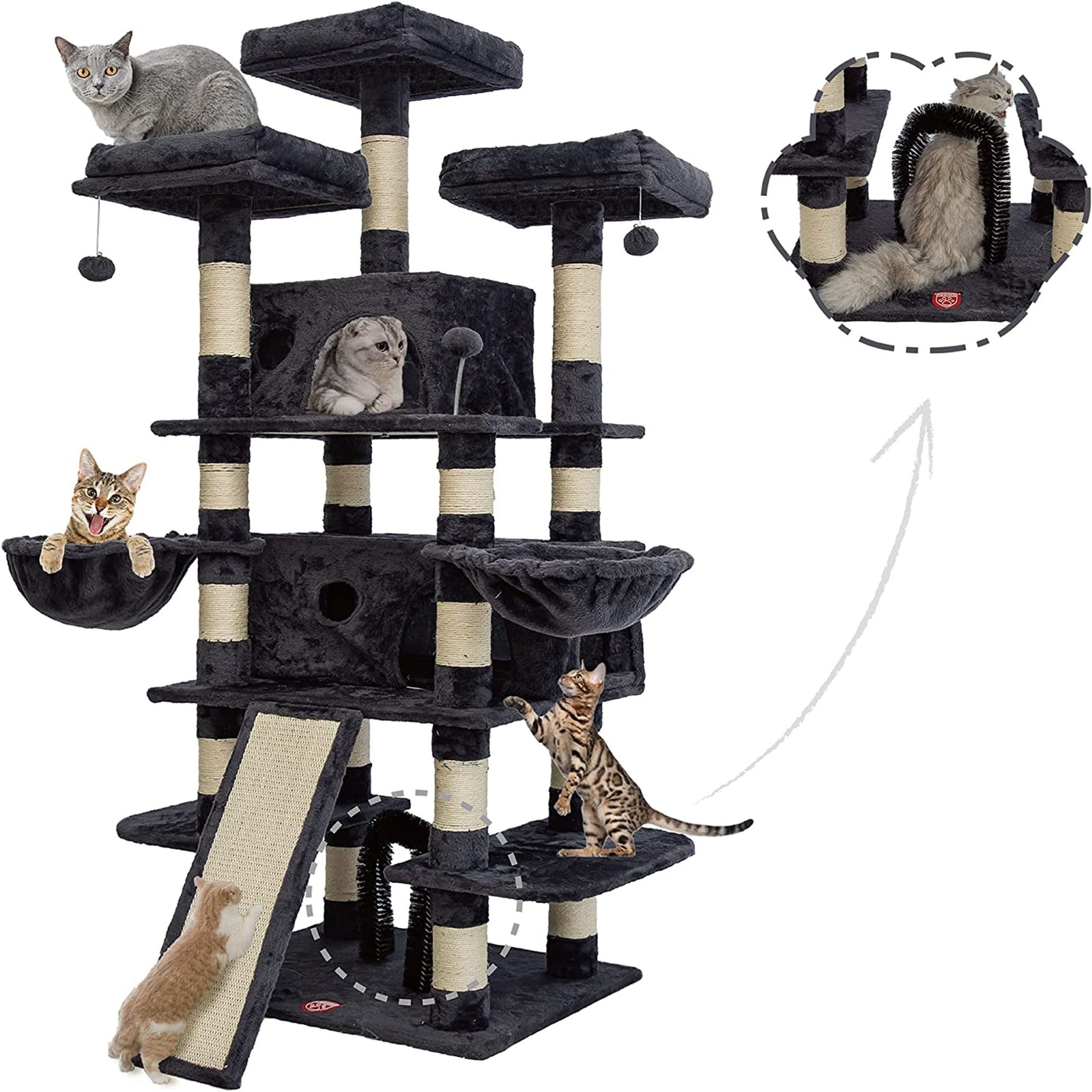 

68 Inches Big Multi-level Cat Tree, Tall Multi-cats Tower With 2 Big Cat Condo &cat Hair Brush, Large Cat Tree With 3 Plush Perches & Scratching Posts For Kittens (smokey Grey)