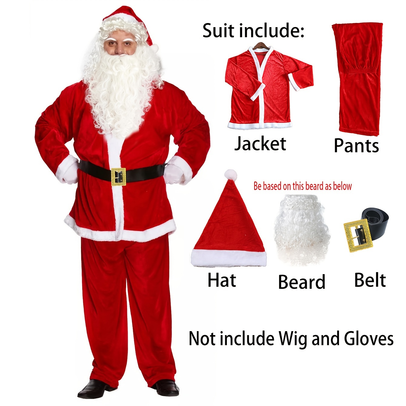 TEMU 5pcs Santa Claus Costume Set For Adults - Includes Red Jacket, Pants, Hat, Beard & Belt - Christmas Parties & Cosplay, Christmas Decor