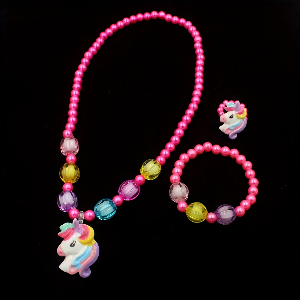 

3pcs Unicorn Jewelry Set - Beaded , Bracelet, & Plastic - For Little