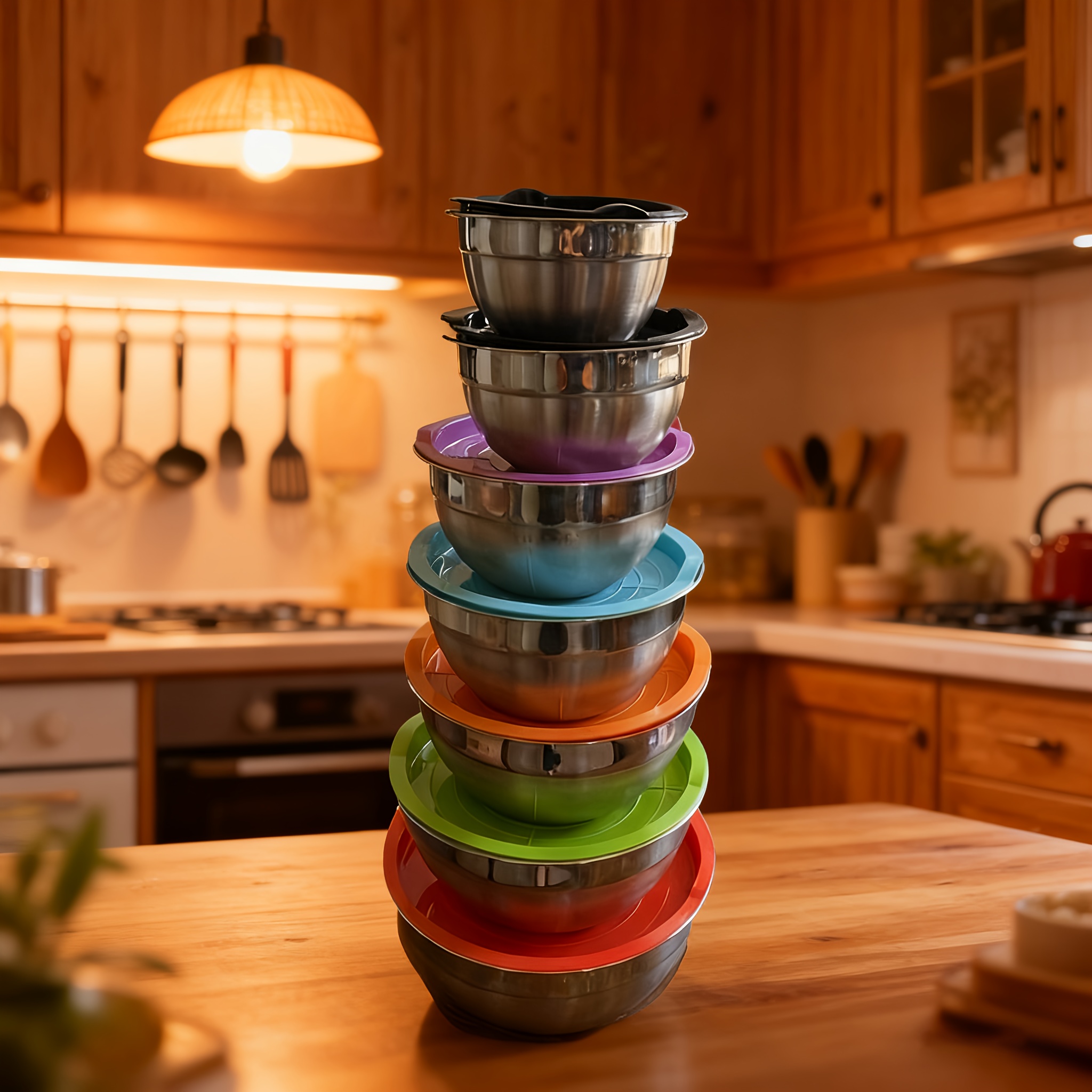 TEMU 7pcs Metal Mixing Bowls With Lids For Kitchen, Stainless Steel Set Ideal For Baking, Prepping, Cooking And Serving Food, Nesting Design For Space Saving Storage