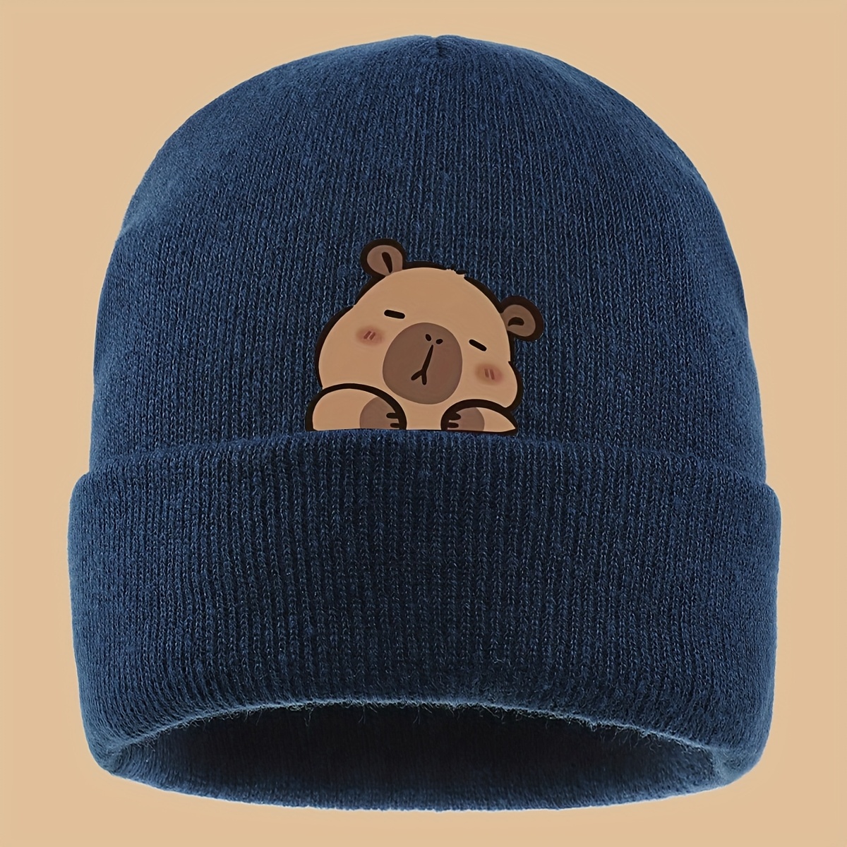 TEMU 1pc Christmas Gift Cute Sleeping Capybara Print Hat, Autumn/winter Warm Stretchy Brimless Beanie For Men And Women, Loose Fit, Comfortable And