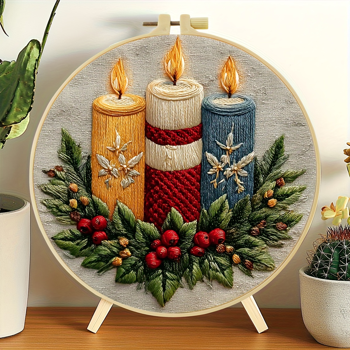 TEMU 1 Kit de Broderie, 20x20 cm / 7,9x7,9 Pouces, Bougie de Noël, Kit de Broderie DIY Fait Main, Adapté aux Adultes et Débutants, Inclut Tissu à
