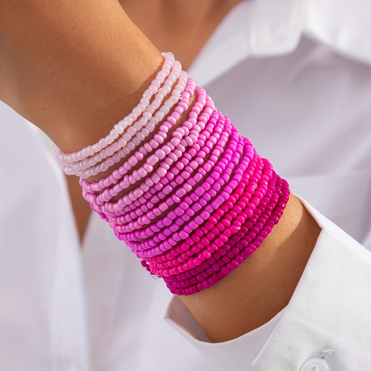 E-shop 18-teiliges süßes und stylisches Armband-Set aus rosa Glasperlen, Bohemian-Stil, für den oder als Geschenk, ideal für die Strandurlaubsaison