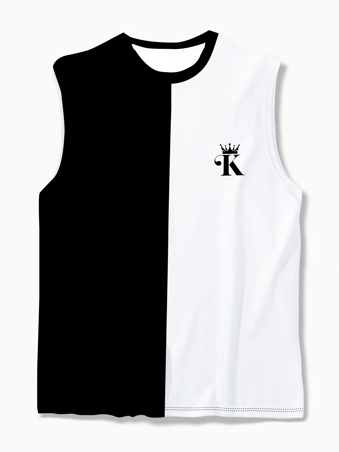 Men's Breathable 3D Color Block Sleeveless T-Shirt - Casual Summer Fitness & Basketball Sports Tee with Crown Print, Black & White Design, Lightweight Polyester-Spandex Blend, Round Neck, Machine Washable, Basketball Shirt