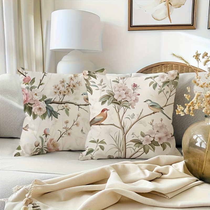 TEMU 2pcs Double-sided Printed Plain Element Flower Branch Bird Pattern Pillowcase, Cushion Backrest Cover, Suitable For Home Bedroom, Living Room