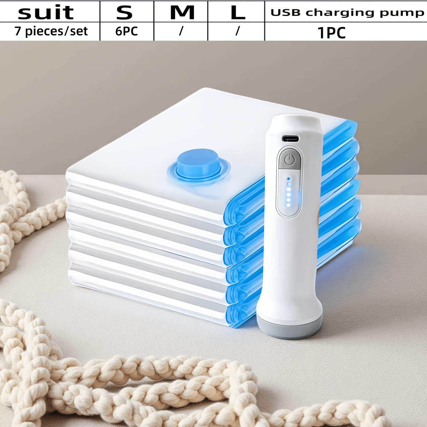 TEMU 7pcs Set - Vacuum Storage Bags + Usb Electric Air Pump With Charging Cable, 1500mah Long-lasting Battery, Can Operate Continuously For 1 Hour On