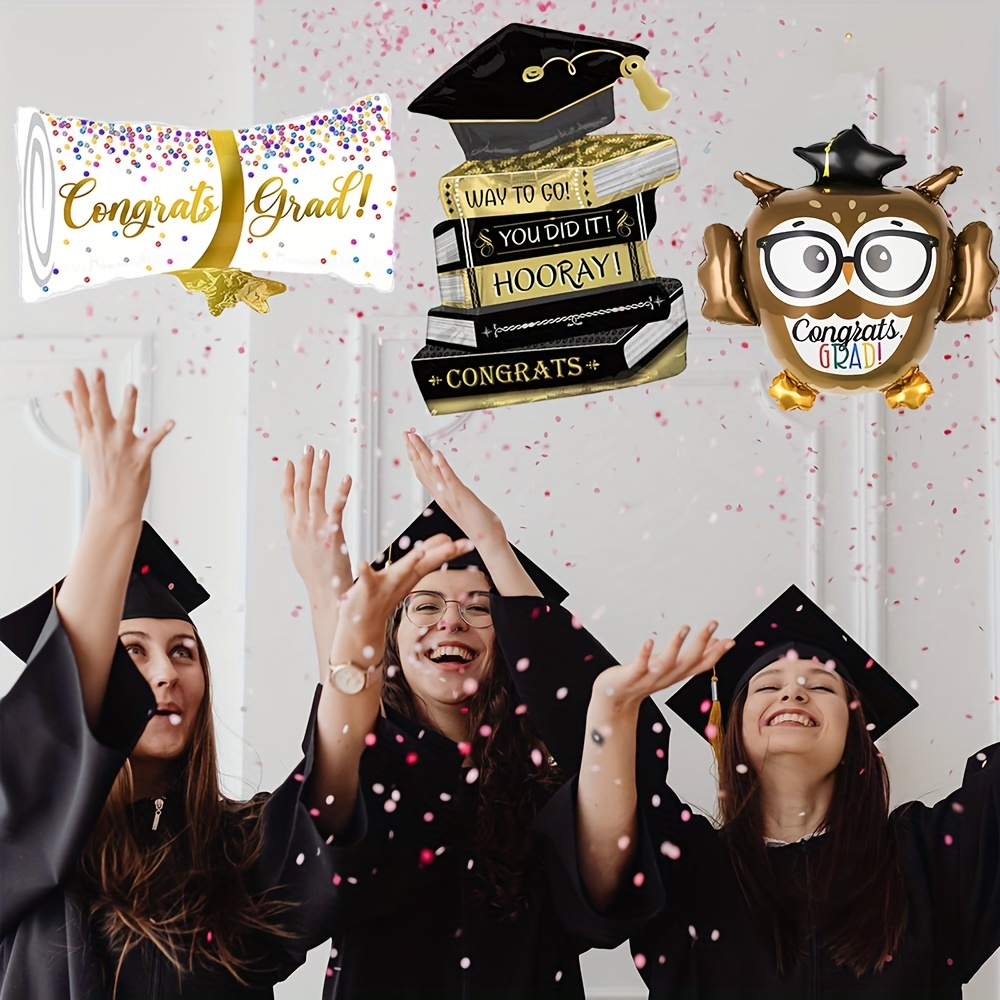 

3pcs Graduation Foil Balloon Set - " Grad" & Owl Designs, Colors, Ideal For Grad Parties & Celebratory Events