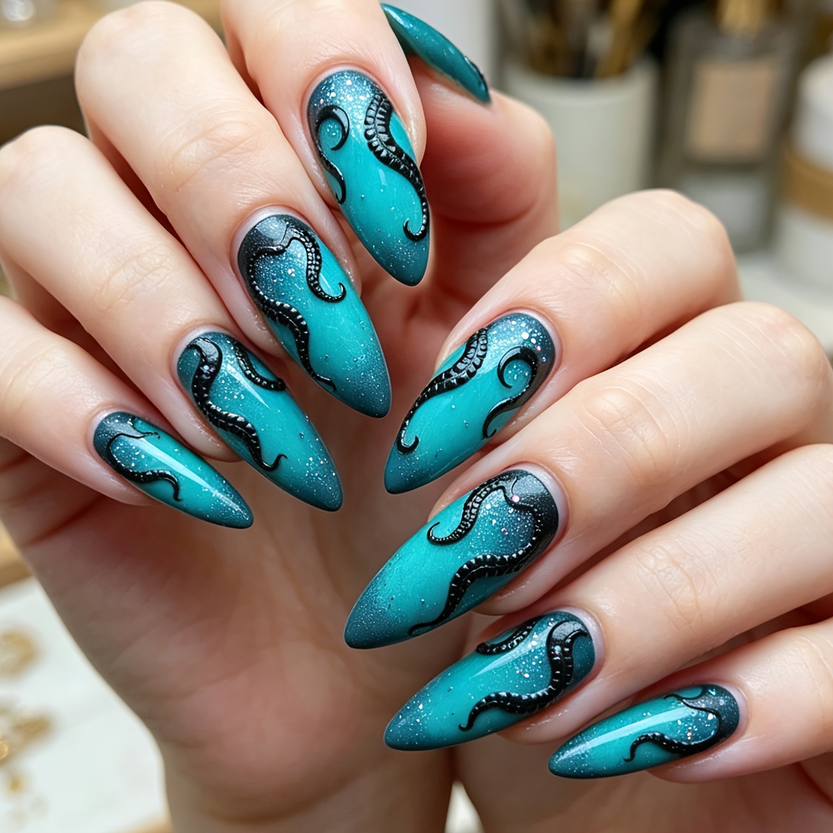 TEMU Lot de 24 faux ongles de longueur moyenne à poser avec motif des profondeurs , ongles artificiels dégradés , ongles à coller de pour une