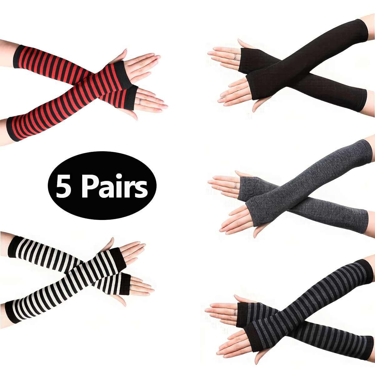 5 pack y2k striped fingerless gloves soft warm long arm - Temu
