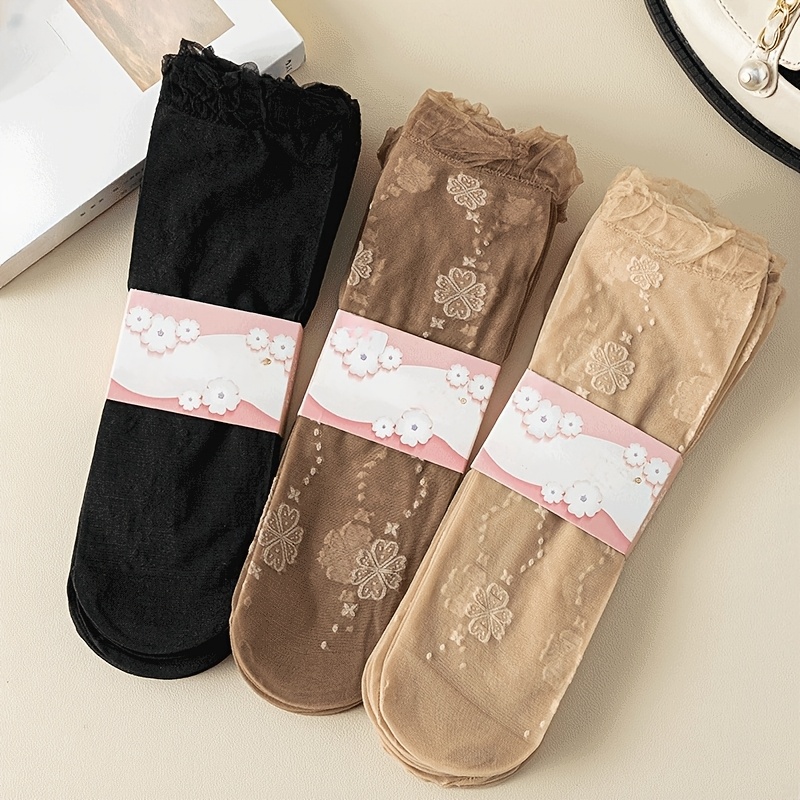 Image of 3 Pairs/6 Pairs Elegant Lace Women's Long Socks With Floral And Bow Patterns - Soft, Spring Ankle Socks, Breathable Design