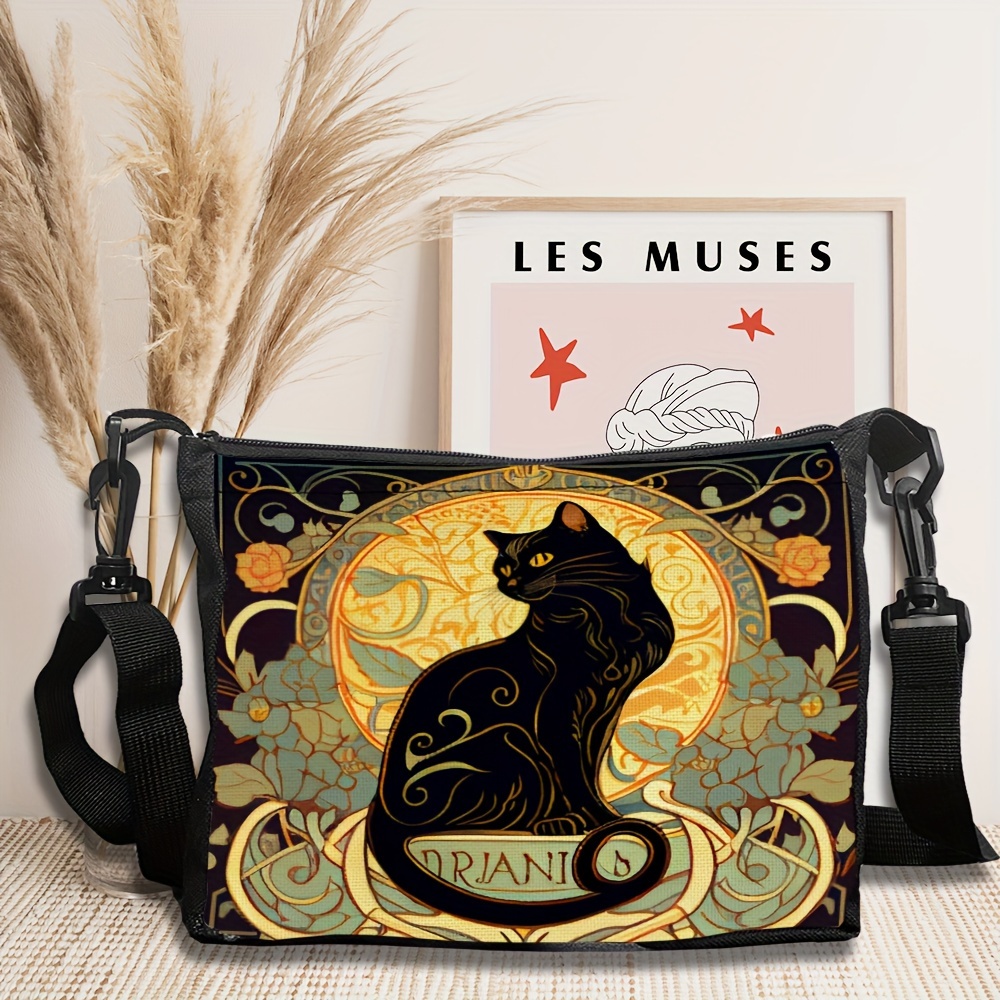 

Vintage Artistic Black Cat Print Polyester Shoulder Bag With Adjustable Strap, Animal Theme -friendly Crossbody Bag With Zipper Closure And Polyester Lining