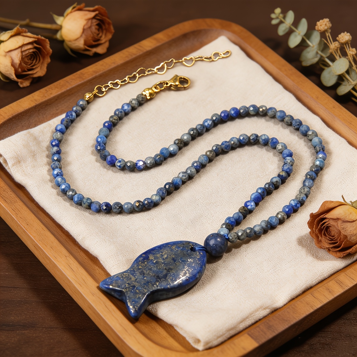 TEMU Collar de Cuentas Redondas de Natural, Cadena de Clavícula con Colgante de Pez Pequeño de , Accesorio Exquisito, Regalo para Ofrecer