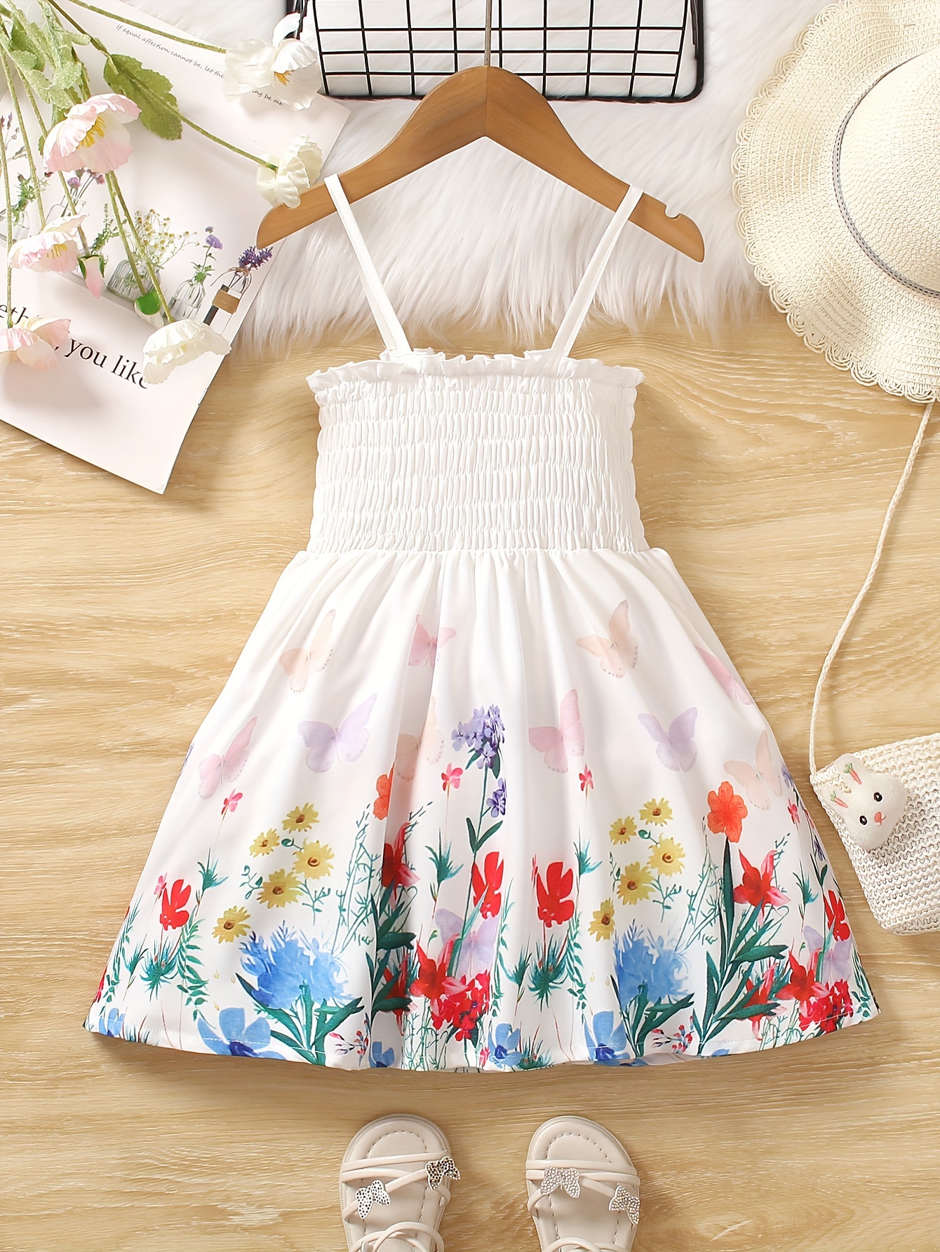 girls nature floral print shirred cami dress casual cute Temu Kuwait