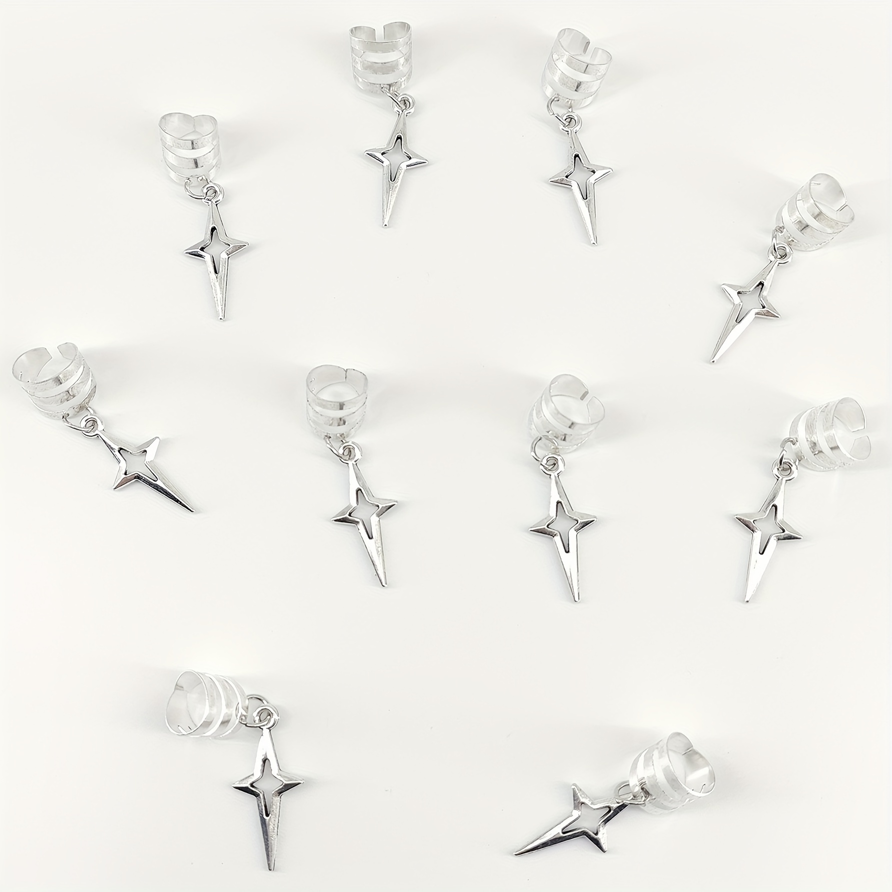 Image of 10pcs Star Shaped Hair Rings With Pendant, Metallic, , Punk Style, Festival Party Braiding Hair Accessory For Women Boho Tiaras