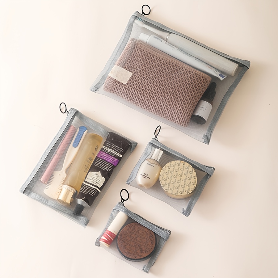 TEMU 4pcs Set Transparent Mesh Cosmetic Storage Bags, Simple Portable Large-capacity Organizer Pouches, Travel-friendly Toiletry Bags