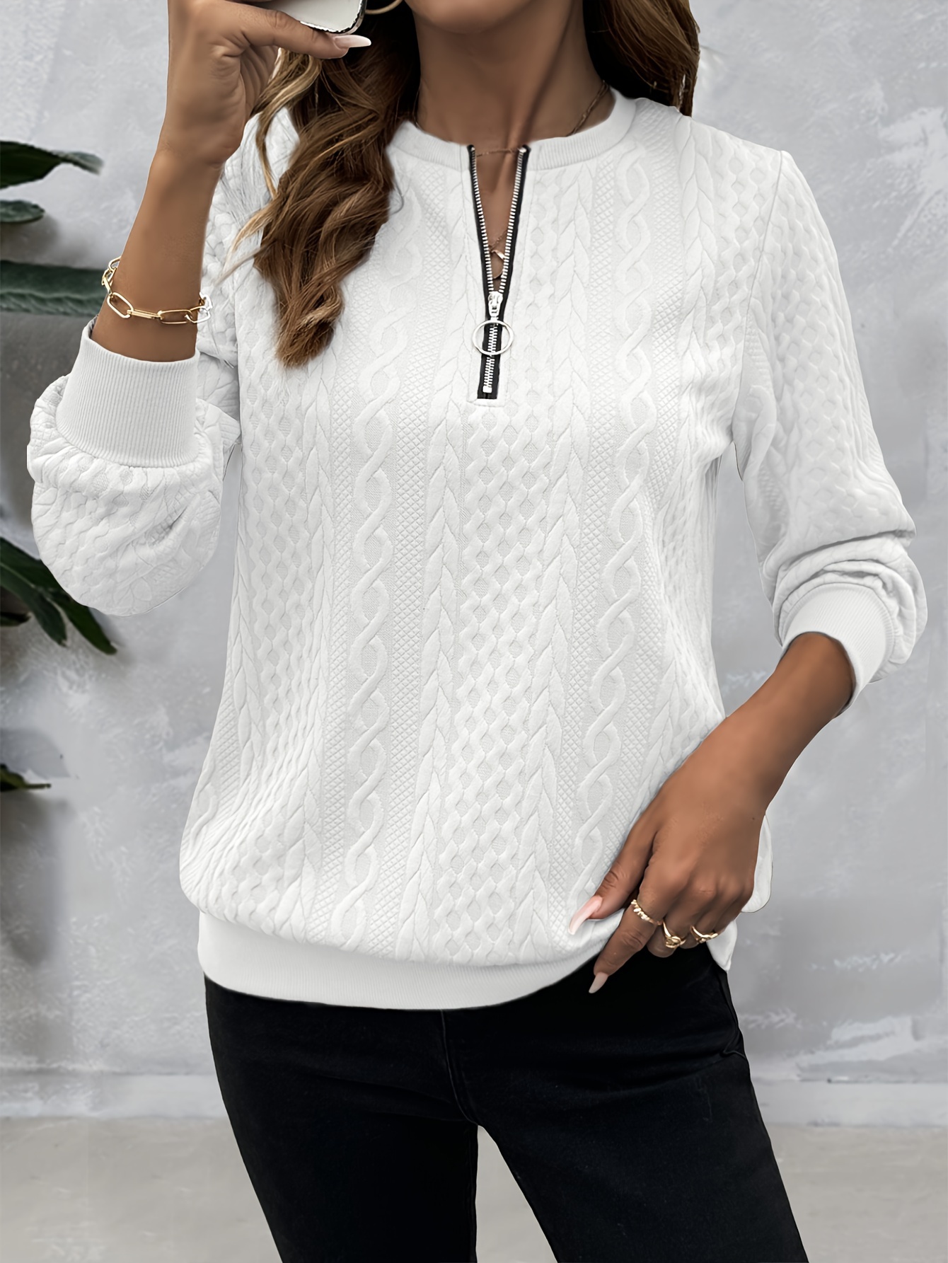 textured solid pullover sweatshirt casual long sleeve zipper crew neck sweatshirt for   womens clothing details 26