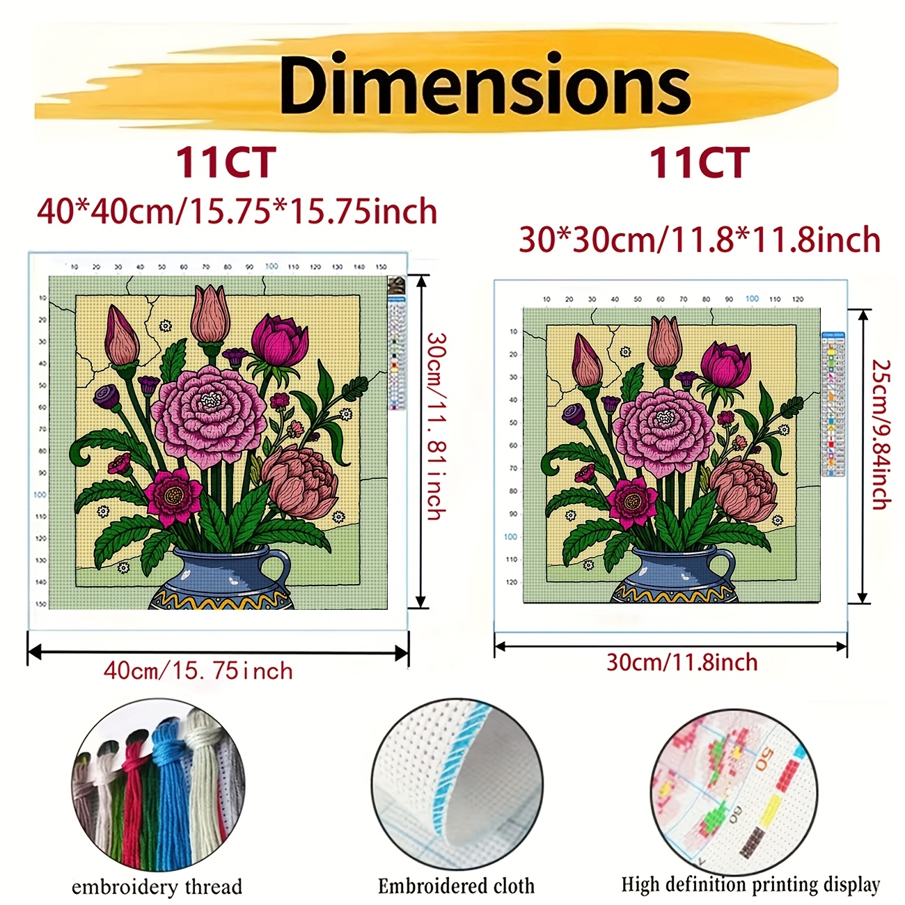 DIY Cross Stitch Print Kit, Frameless, "Blue Vase with Fresh Flowers" Pattern