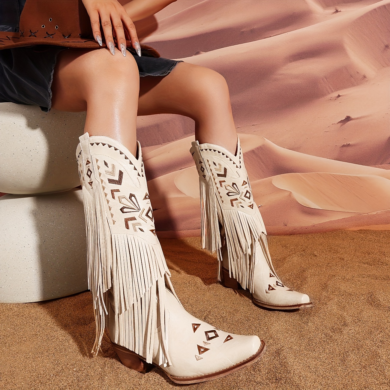 

Women's Tassel Decor Chunky Heel Cowboy Boots, Fashion Pull On Cowgirl Boots, Women's Stylish Boots