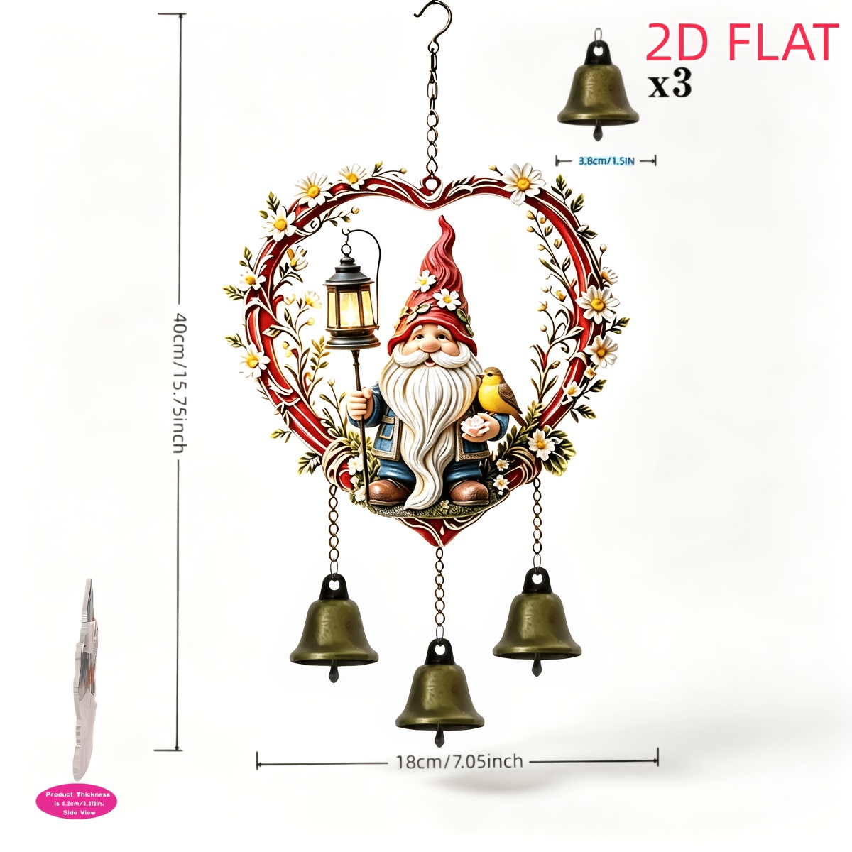 TEMU Heart-shaped Wreath Faceless Gnome Wind Chime, 2d Flat Pendant, With 3pcs Bells, Pleasant Sound When Blown By Wind, Daisy Bird Retro Door Lamp