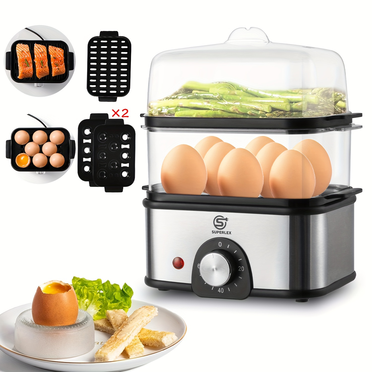 TEMU Superlex 2-tier Egg Cooker Stainless Steel For Up To 16 Eggs, Electric Steamer, With Time Setting For Hardness Adjustment, 60-min Timer,