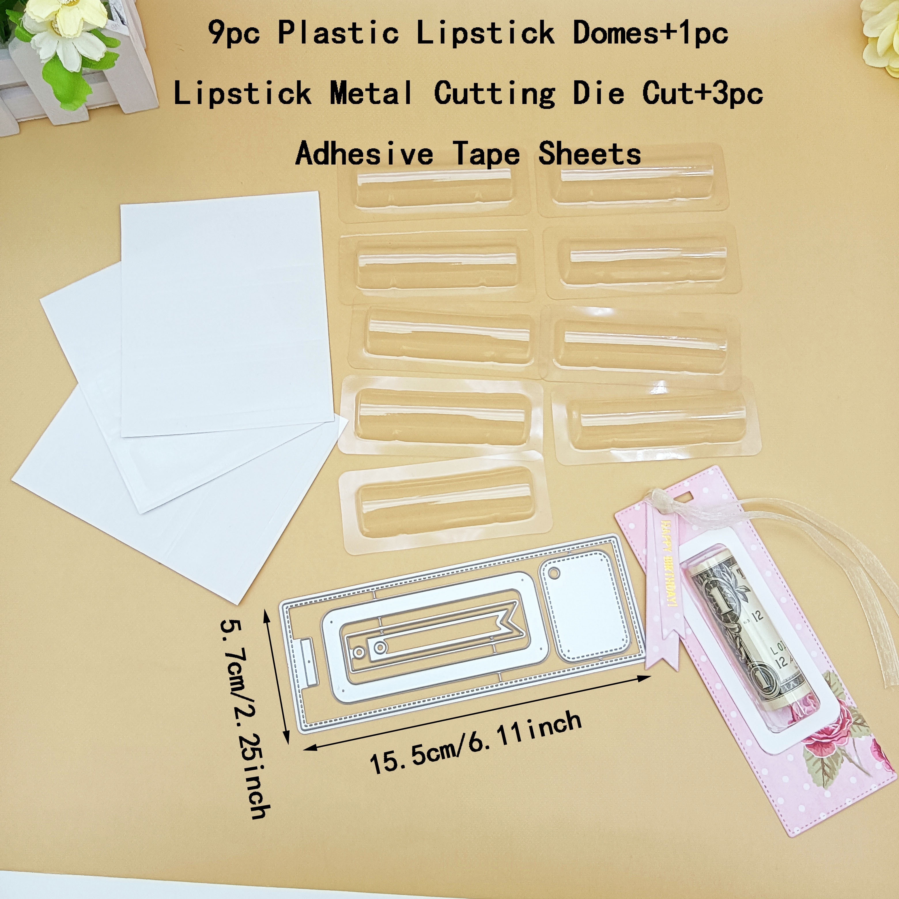 TEMU 2024, 1pc Lip Balm Dies Metal Cutting Die Cut & 9pcs Plastic &3sheets Adhesive Tape For Gift Packing Money Holder Card Lips Balm Blister Holder Paper Craft Gifts-alinacraft