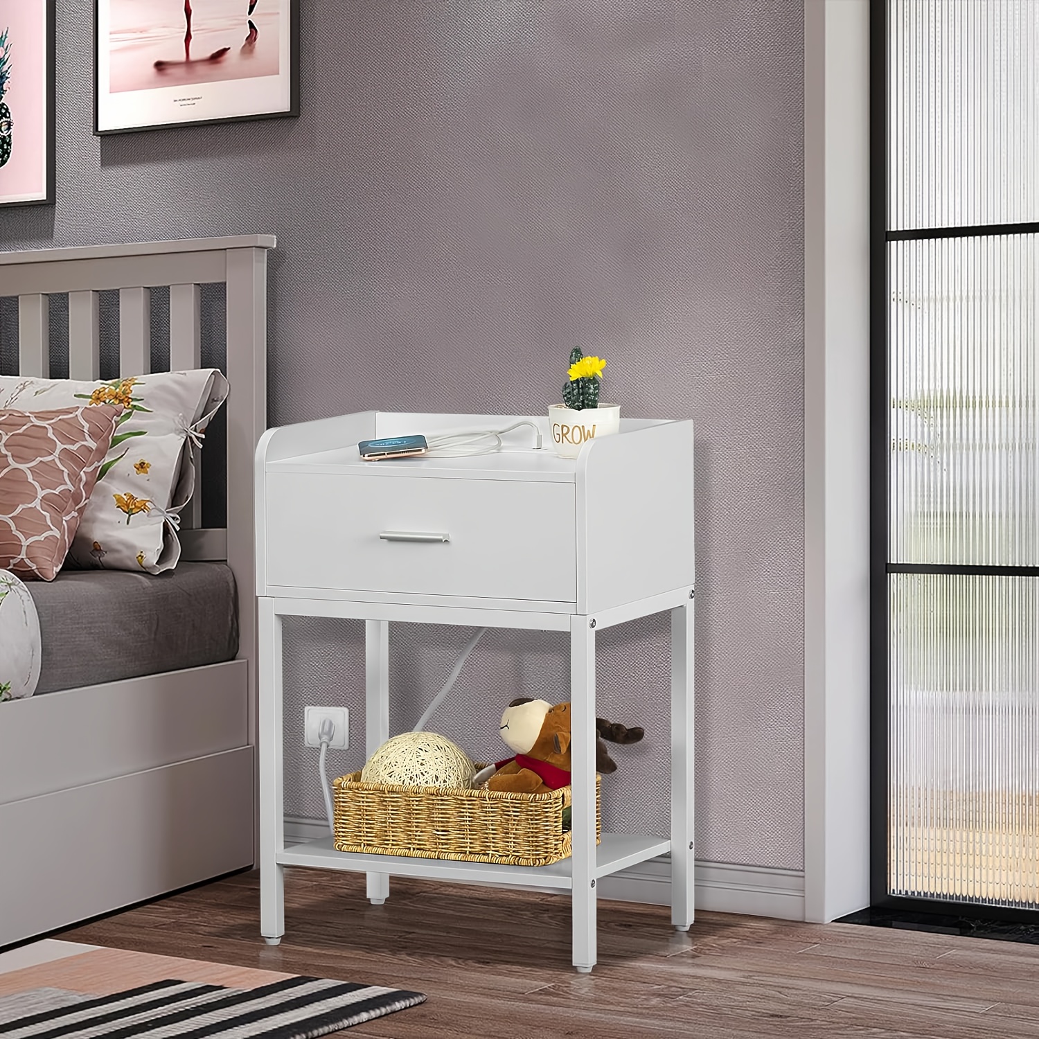 

White Nightstand With Charging Station, Small Bedside Tables With Usb Ports And Power Outlets, Modern End Table With Drawer, Night Stand For Bedrooms, Offices, Small Spaces