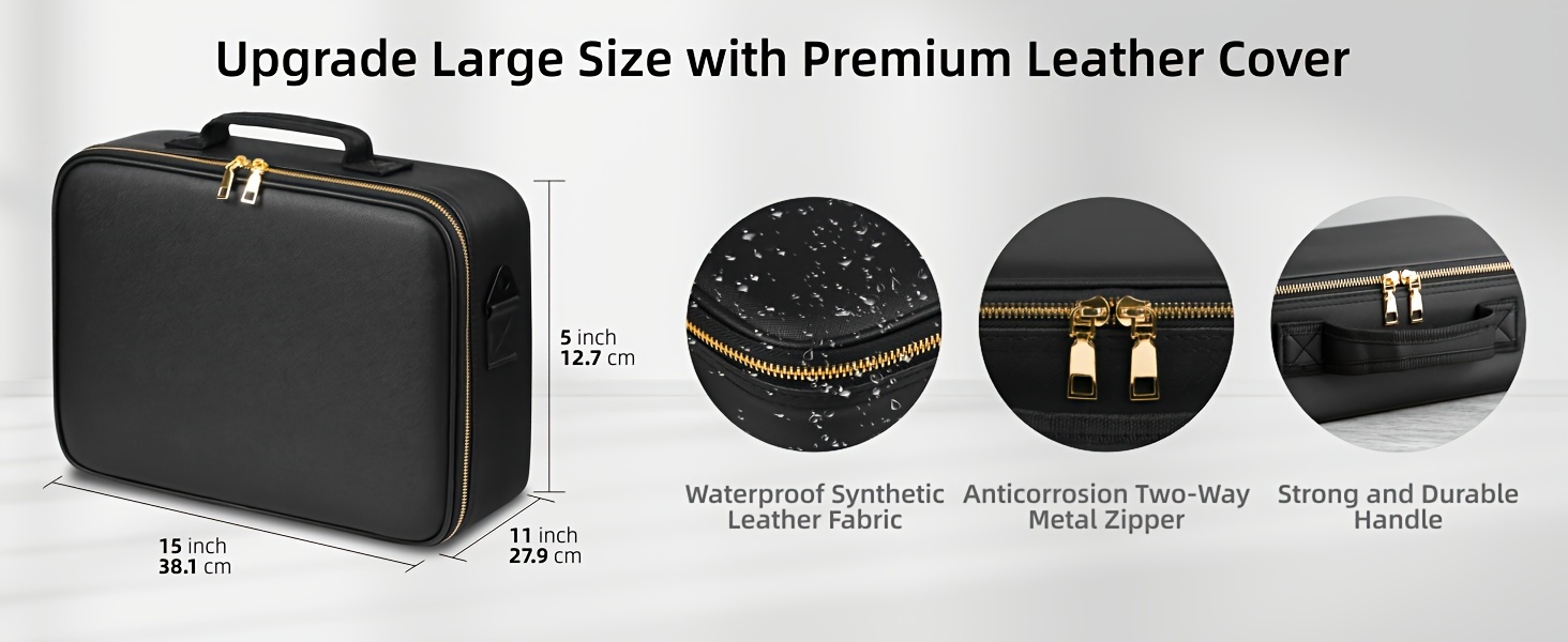 large size travel makeup bag with led mirror with rechargeable three color lighting mirror makeup bag with adjustable divider brush plate long suspenders andluggage strap suitable for travel parties business trips and other occasions details 9