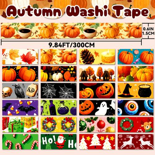 24 rolls autumn halloween christmas themed washi tape set 8 styles per season 300cm long x 1 5cm wide per roll suitable for decor party decorations candy bags christmas tree ornaments etc