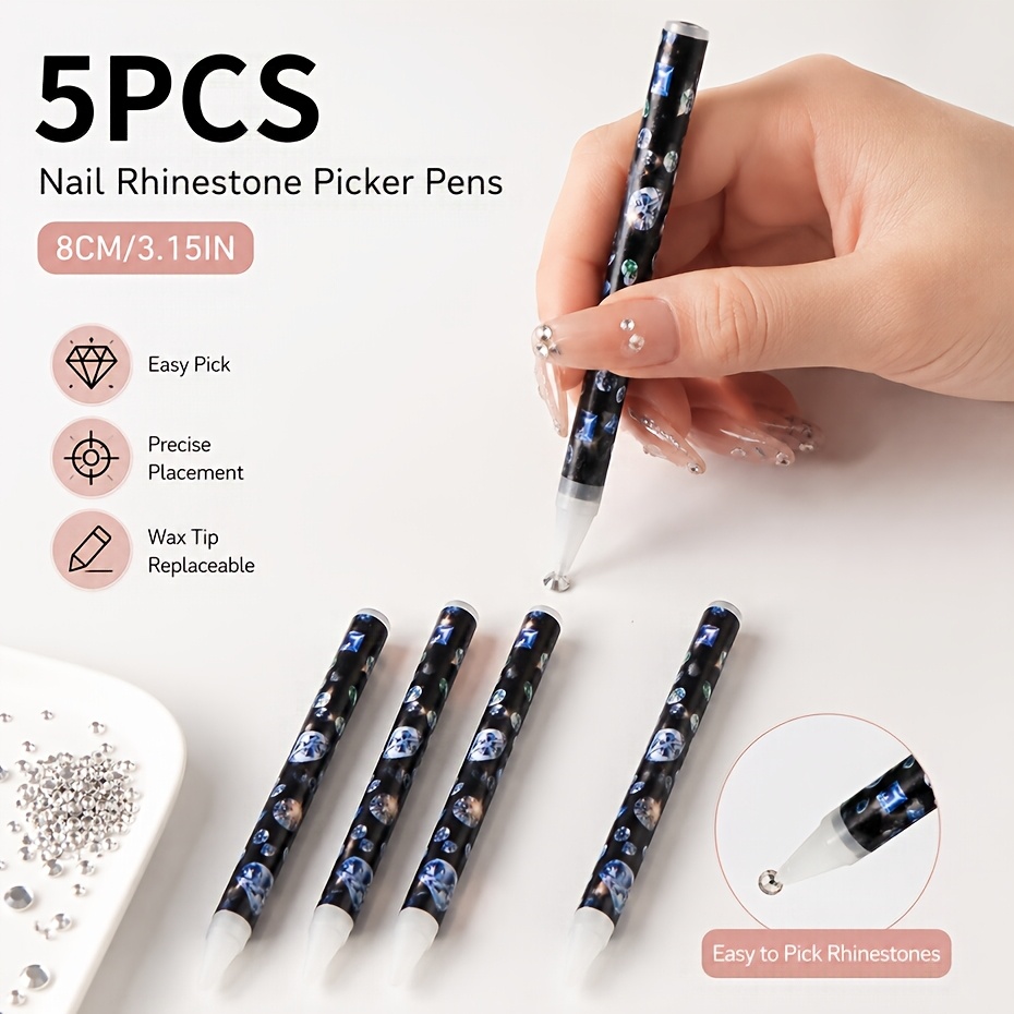 TEMU 5pcs Self-adhesive Wax Rhinestone Pen & Picker - Sticky Resin Applicator With Wax Tip Suitable For Nail Art, Diy Crafts, Rhinestone Picking For
