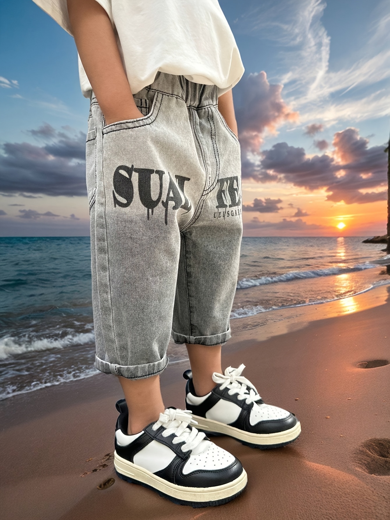 Boys' Summer Casual Denim Shorts with &*;SURF&*; Print, Elastic Waist,  Loose Fit, Three-Quarter Length, Pockets, White Black Sneakers Beach 