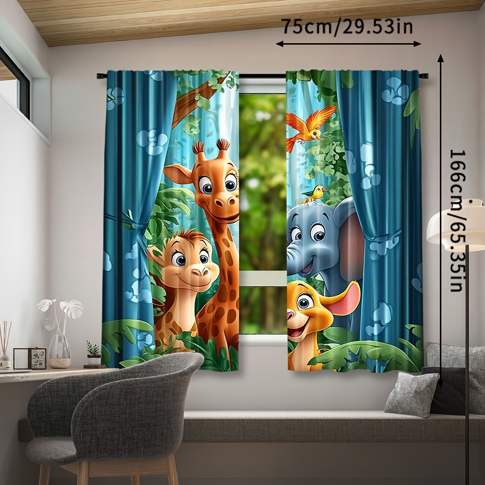TEMU 2pcs, Rideaux Animaux de Cartoon, Polyester à Poche pour Tringle pour Chambre, Draperies à Imprimé Numérique Lavables en Machine, Décoration