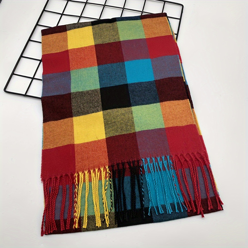 Vintage-Style Plaid Scarf - Soft Imitation Fleece, Perfect for Autumn & Winter Fashion details 3