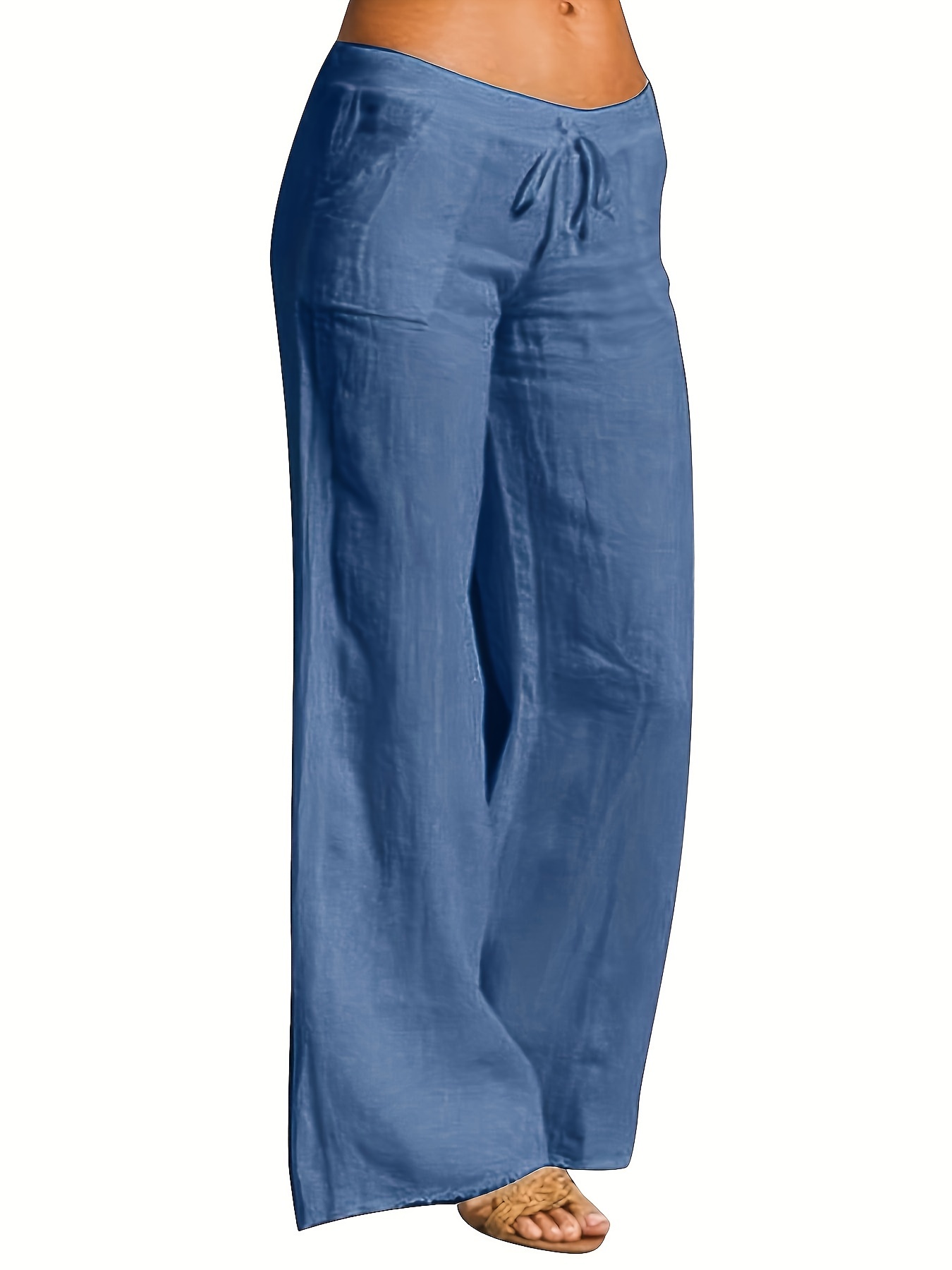 Women High Waist Drawstring Linen Trousers Ladies Casual Pocket