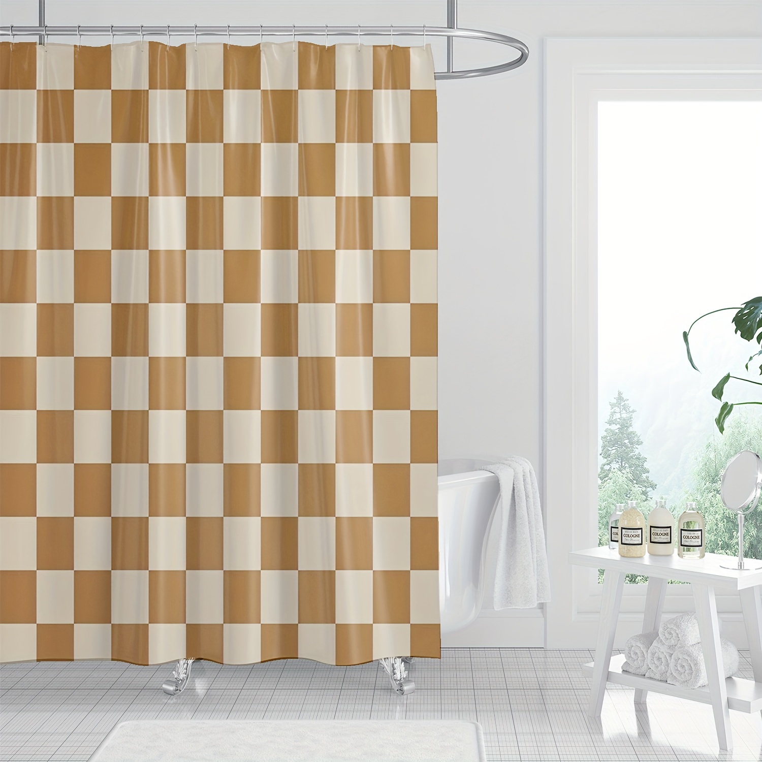 

Striped Shower Curtain, Brown And White, Polyester, Machine Washable With Hooks Included