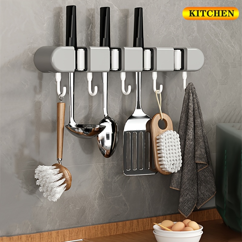 wall mounted mop and broom holder no drill   organizer with flexible silicone clips multi use plastic storage rack for bathroom   saving   sleek gray   cleaning tool holder   durable plastic rack details 7