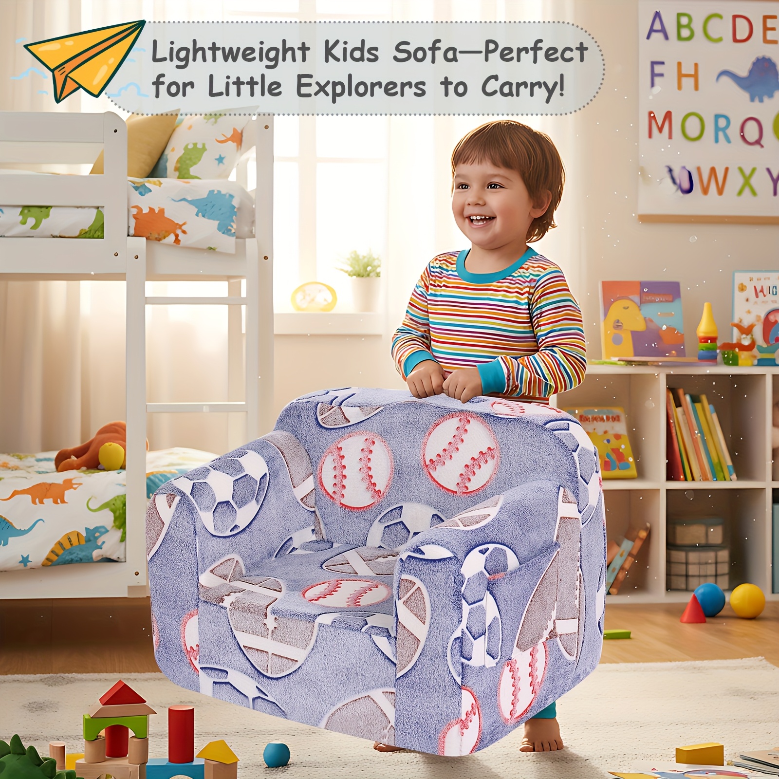 Welnow Sofa, Couch for Kids with Carry Handle And Side Pockets, Foam Chair for Toddlers, Armrest Chair for Kids, Reading Sofa for Boys Or Girls