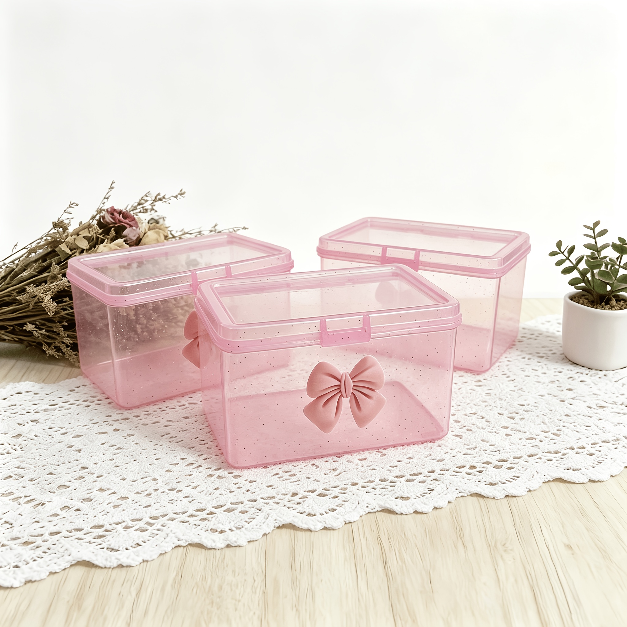 TEMU 3 Sets [3pcs Storage Boxes And 3pcs Bows] Multifunctional Storage Boxes, Suitable For Jewelry, Cosmetics, Etc. - Dust-proof Lid Design, Plastic
