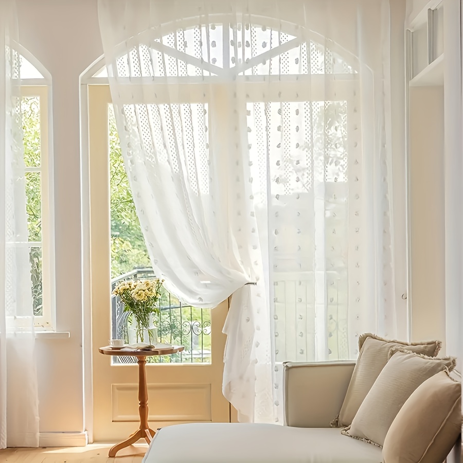 TEMU 1pc Romantic White Ball Sheer Curtain Panel - French Country Style, Light Filtering Rod For Bedroom, Living Room And Balcony Decor
