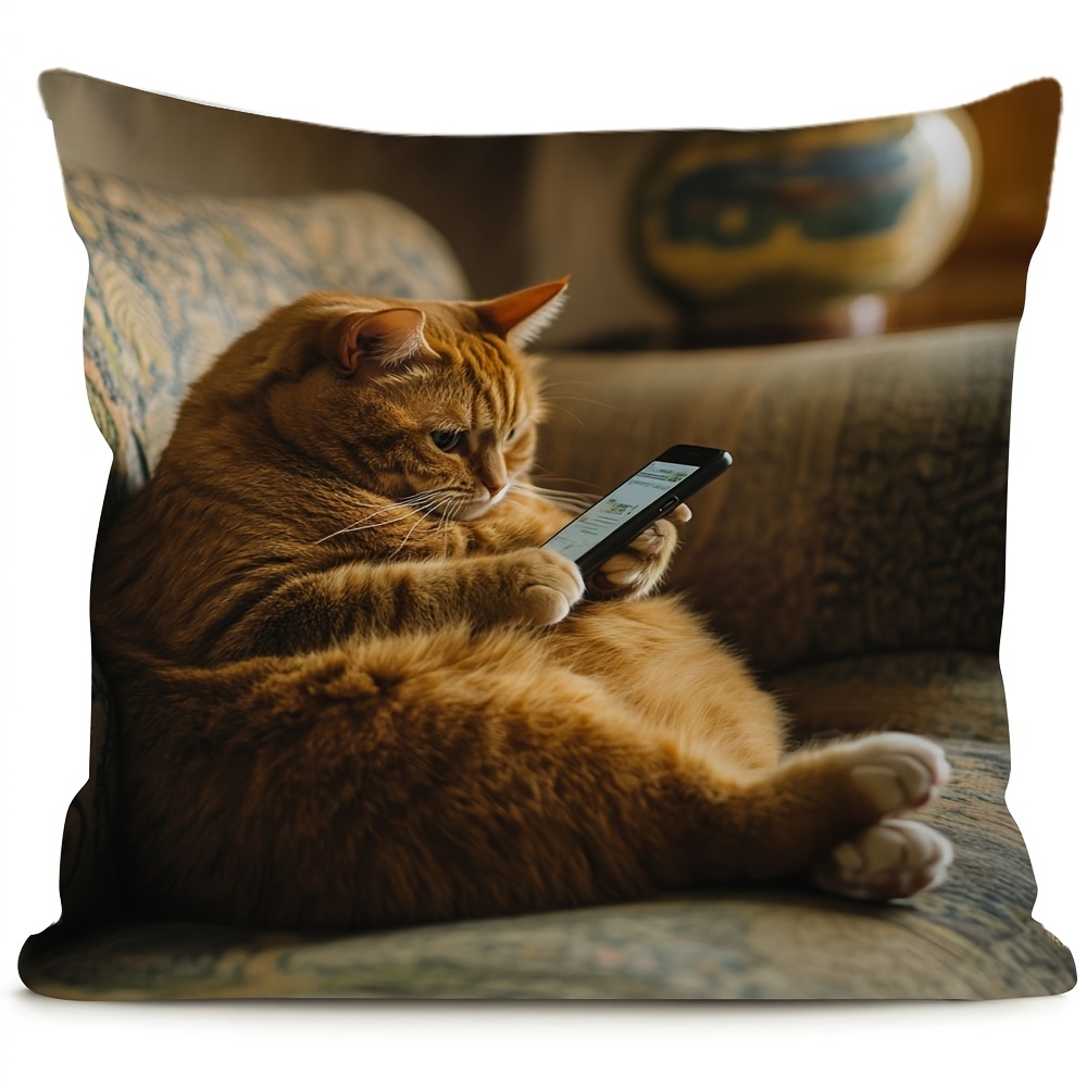 

1pc Vintage Fat Ginger Cat Throw Pillow Cover, Double-sided Woven Polyester Cushion Case With Zipper, Machine Washable, Decorative Pillowcase For Room Types - Insert Not Included