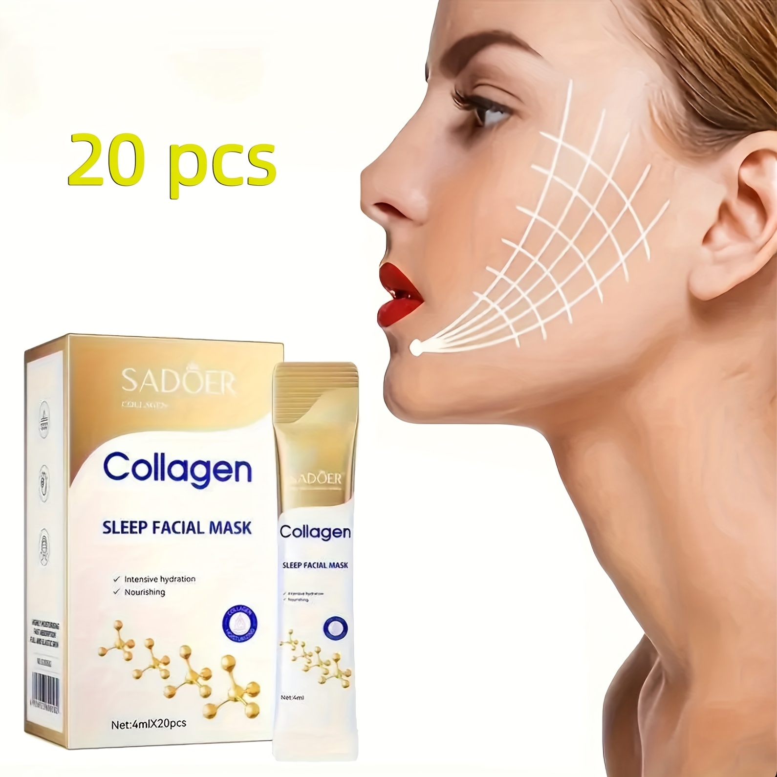 20pcs sadoer collagen sleep facial mask hydrating firming night mask with hyaluronic acid 4g 20pcs independent packaging for all light beige types skincare routine sleek packaging glossy packaging