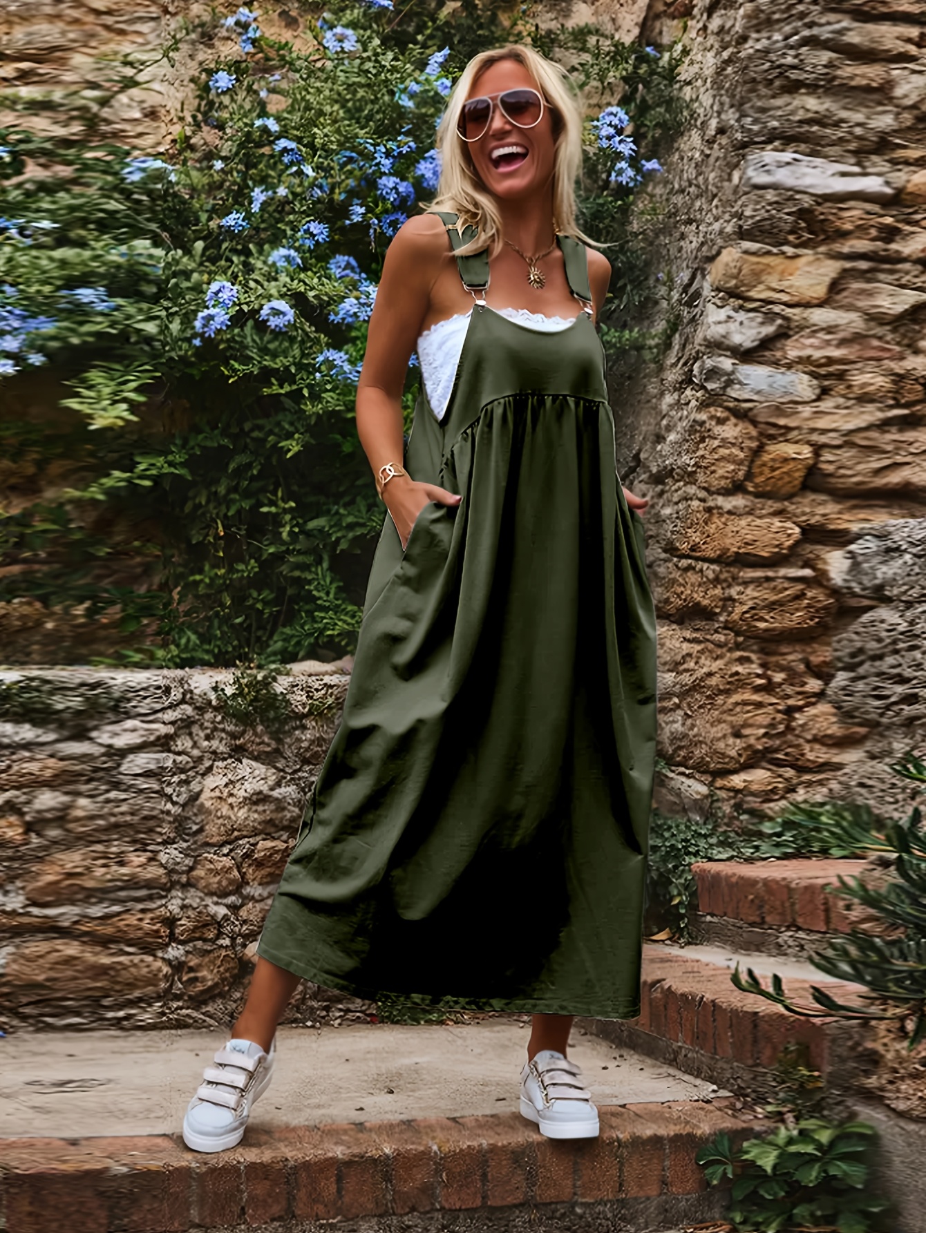 Plus Size Women'S Casual Pinafore Long Dress, Shoulder Strap Loose * Midi Dress, Cami Dress with Pockets, Lazy Style Outing Dress, Size 0XL-5XL