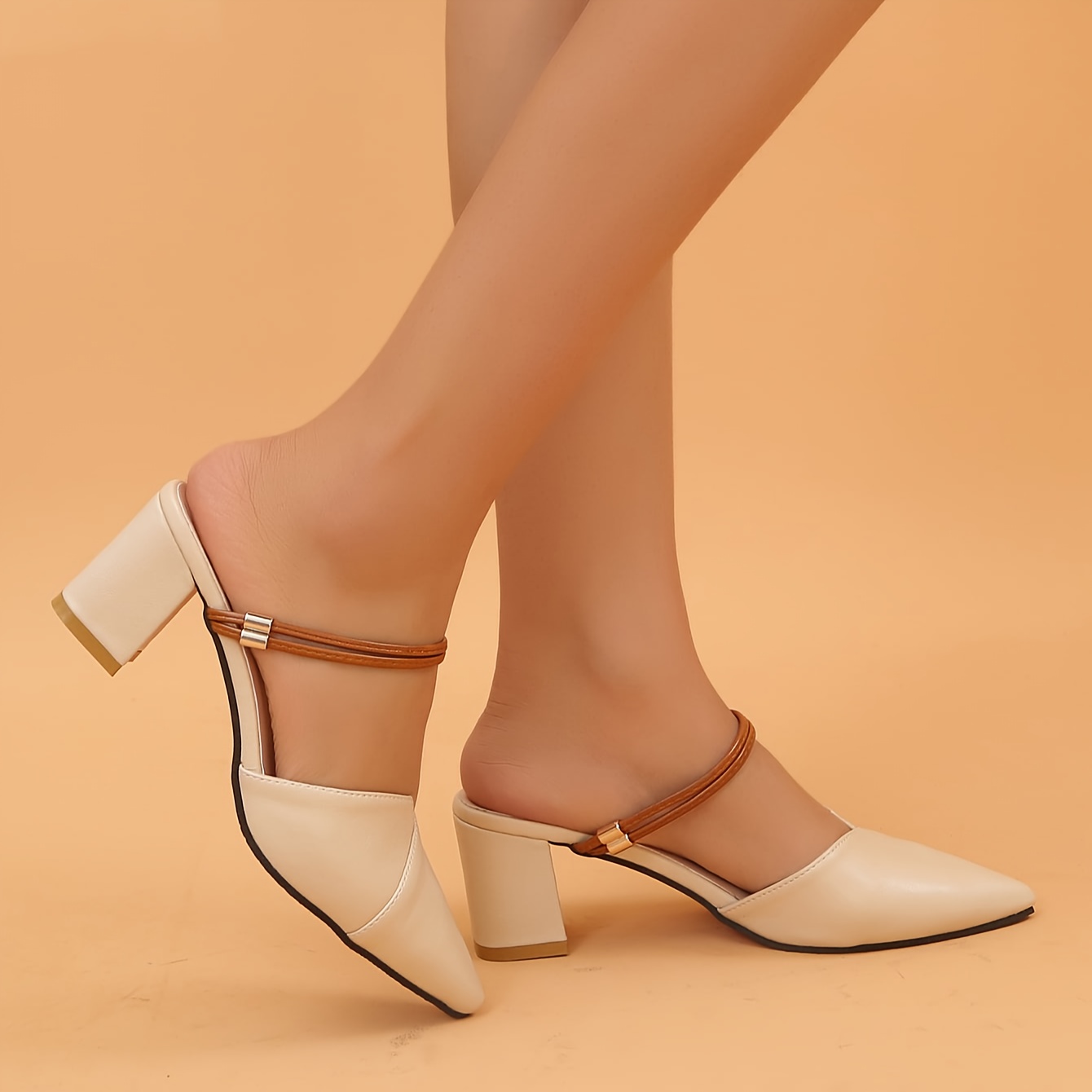 Stylish And Versatile Women'S High-Heeled Sandals with a Chunky Heel, Pointed Toe, Comfortable Slip-On Design, And Backless for Two-Way Wear.