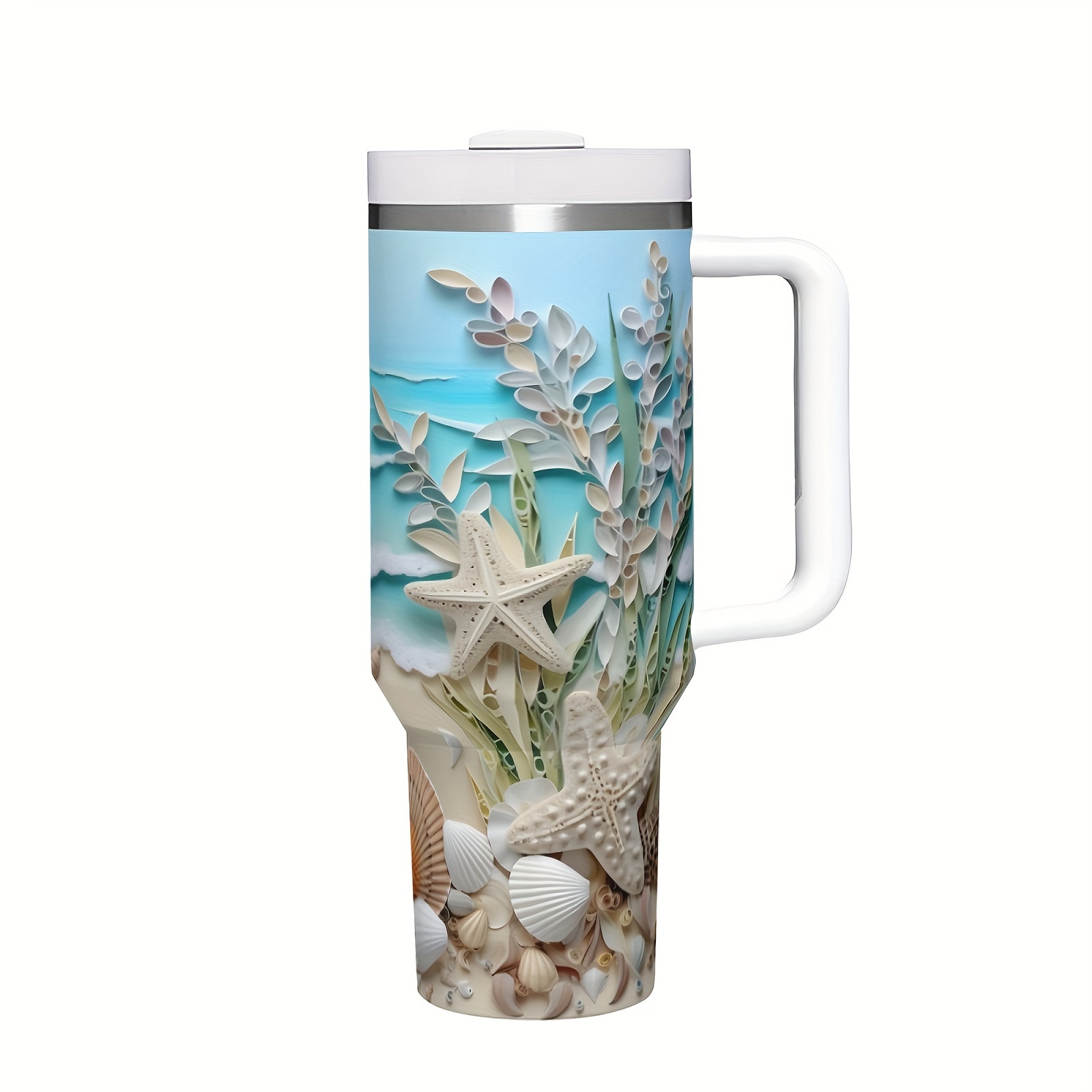 

1pc 40oz Insulated Stainless Steel Tumbler With Handle And Straw, Tropical Beach Seashell Design, Leakproof Travel Mug For Hot/cold Drinks, 304 Stainless, Anti-slip Grip – Perfect Gift For