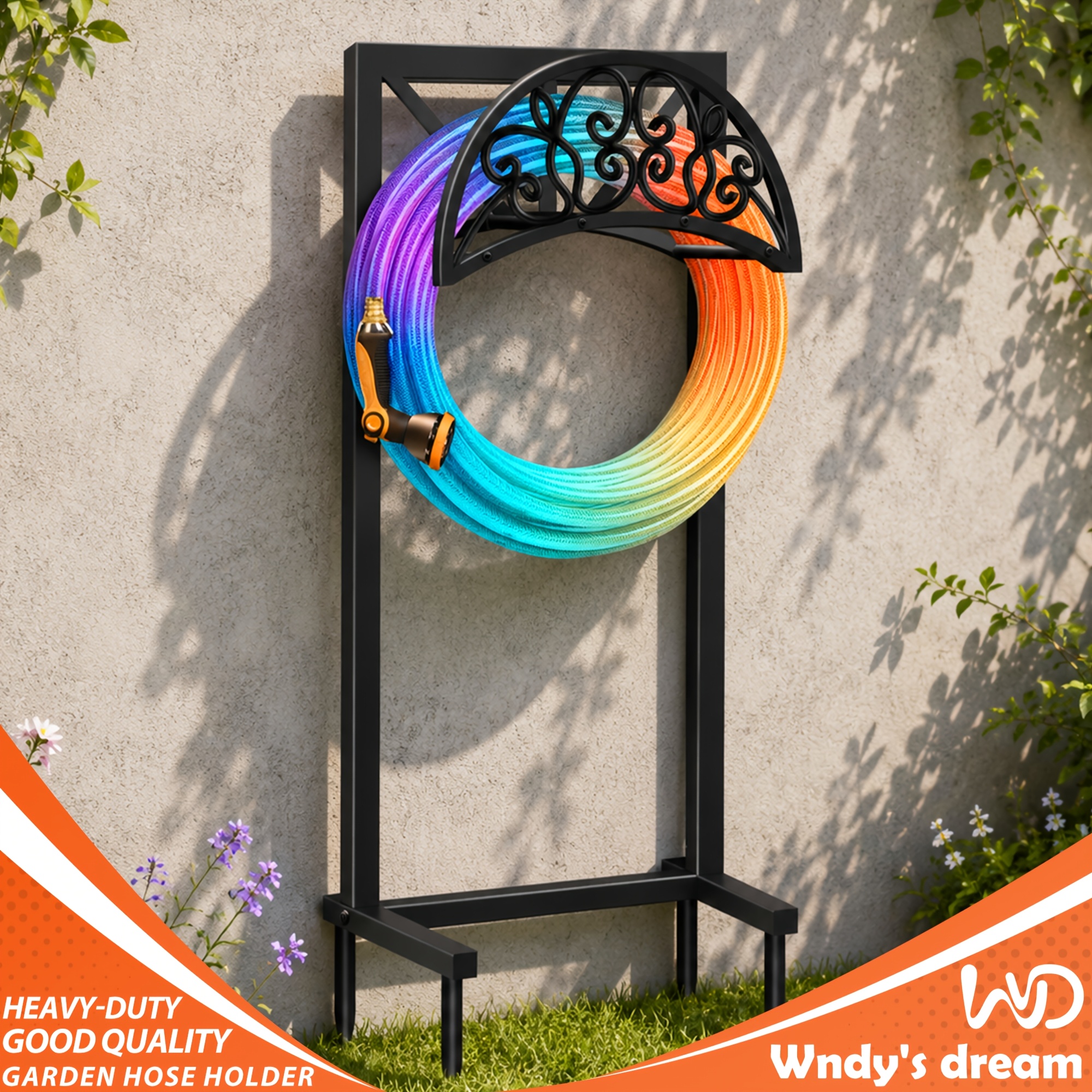 Heavy-Duty Metal Garden Hose Holder Stand with Rust-Resistant Design and Spikes, Freestanding Outdoor Hose Reel Organizer for Up to 150 ft H