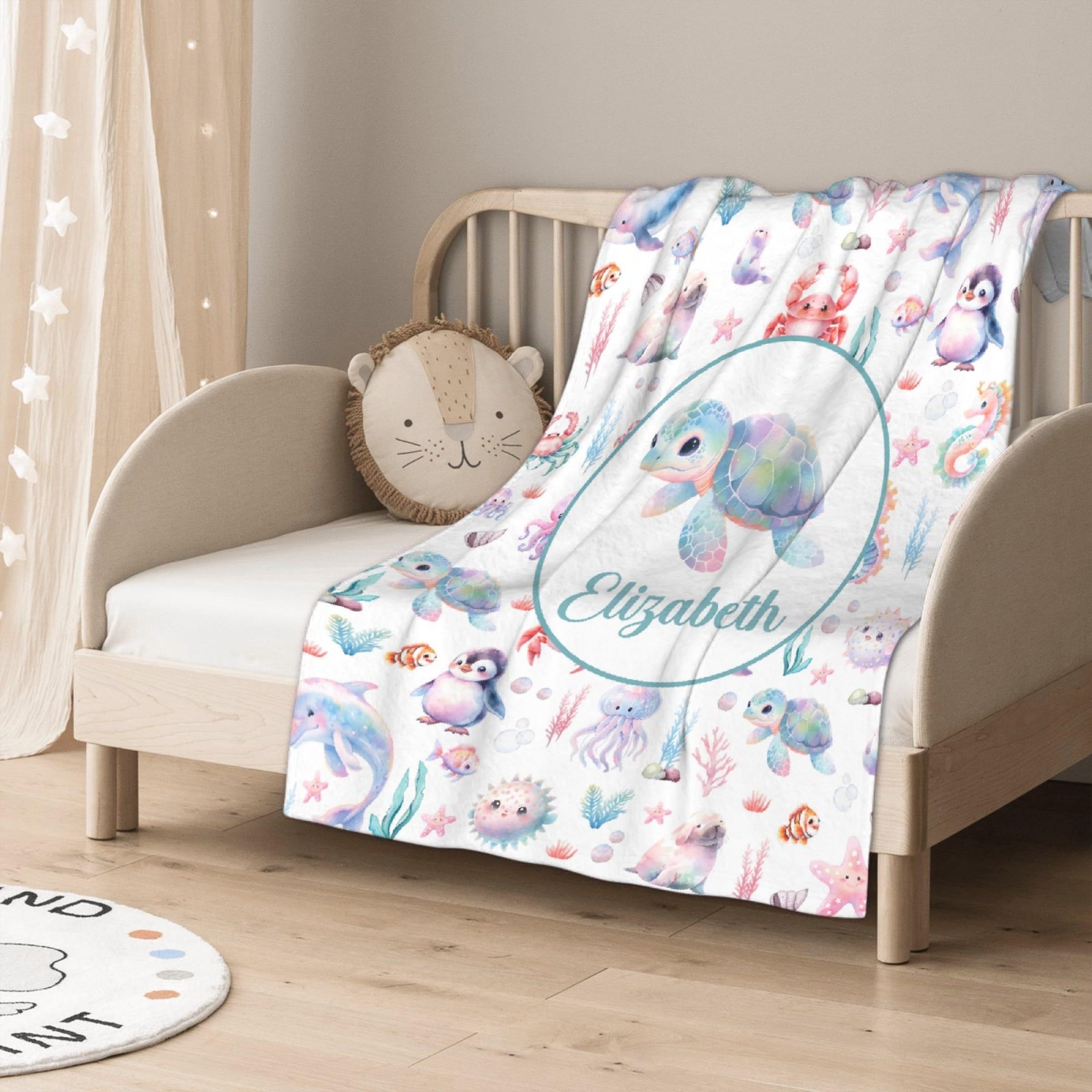 TEMU Customizable Name Ocean Animals Pattern Flannel Throw Blanket, Personalized Hypoallergenic Digital-print Sofa Cover, Machine Washable Knitted