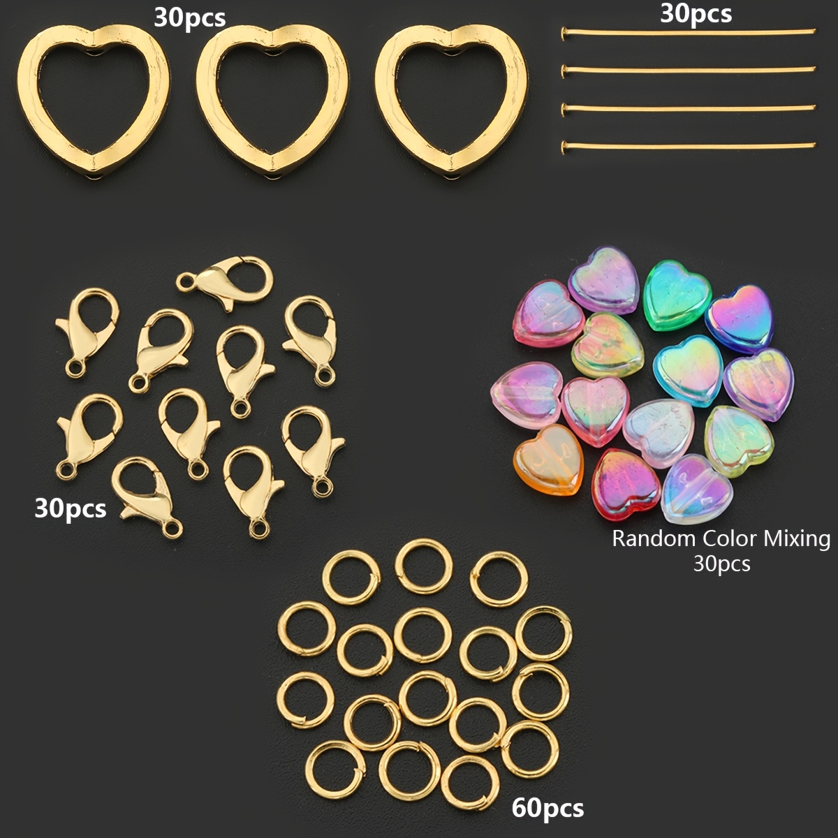 TEMU 180pcs Keychain Making Parts, Including 30pcs Lobster Clasps, 30pcs Heart-shaped Bead Frames, 30pcs Random Mixed Colors Heart-shaped Spacer